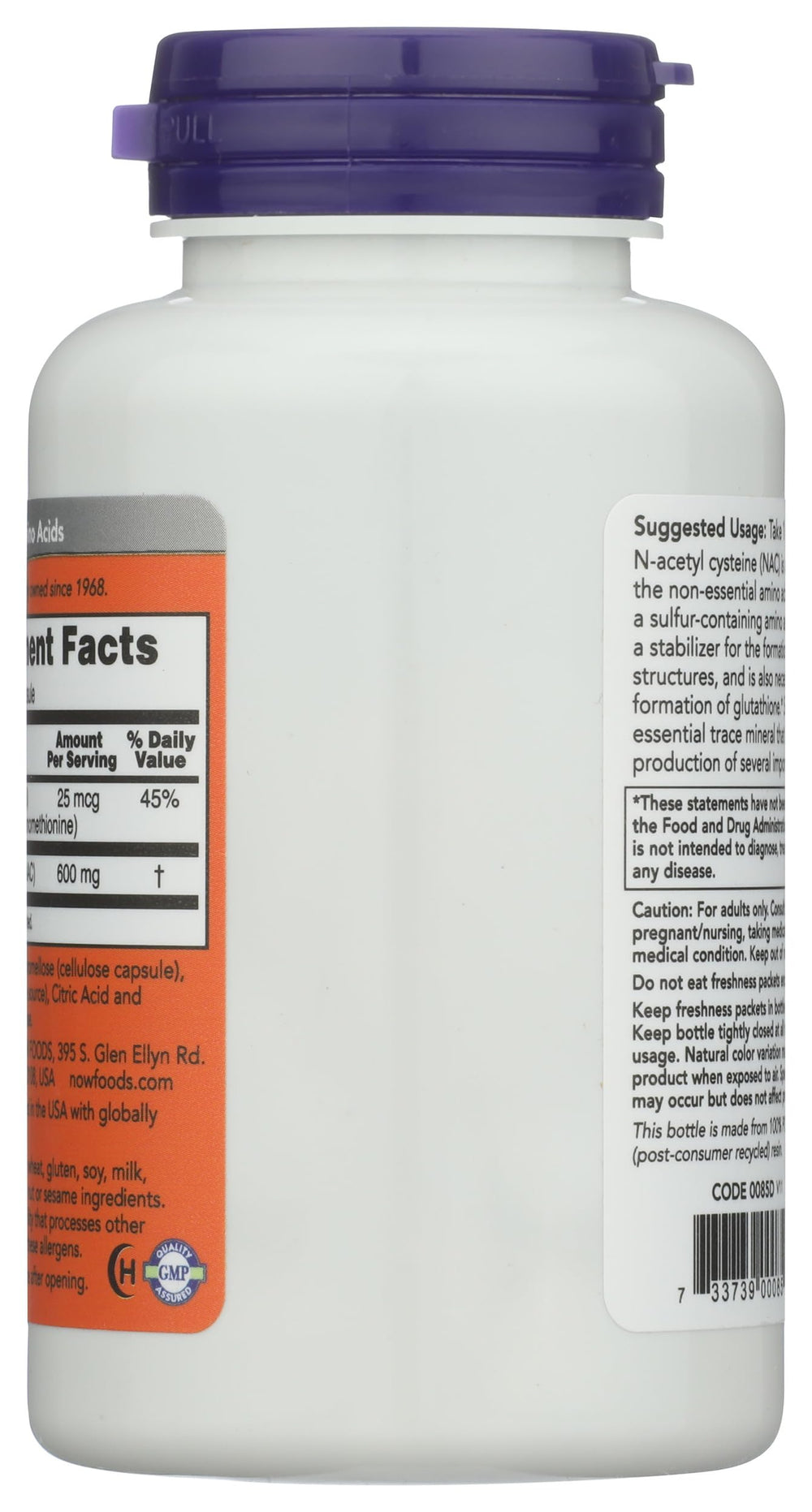 NOW Foods NAC label close-up showing vegan capsule design.