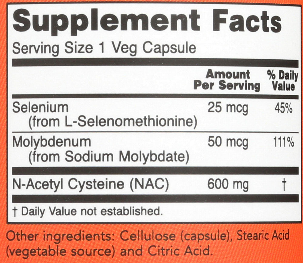 NOW Foods NAC 600 mg capsules being poured for easy daily supplementation.