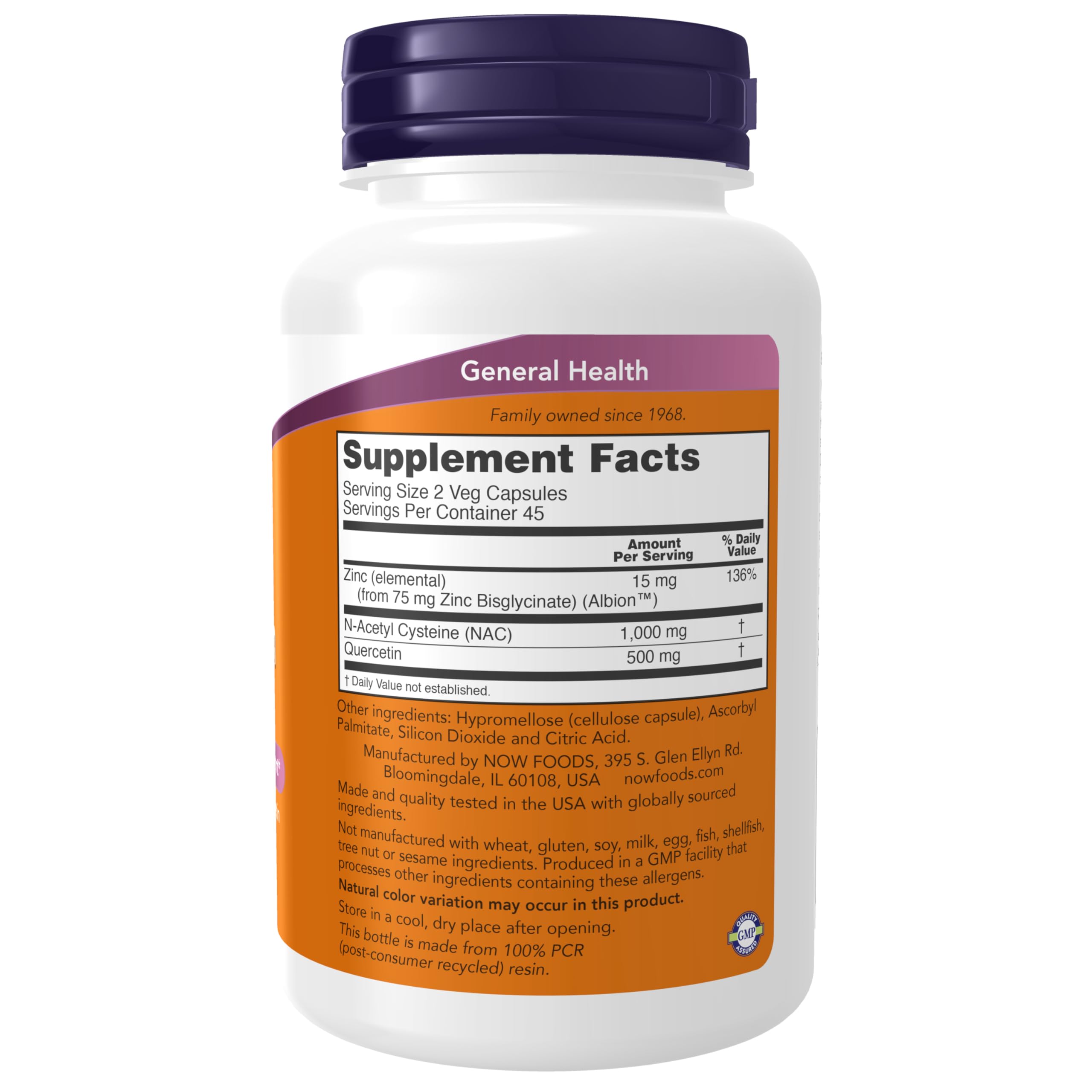 NOW Foods NAC Quercetin Zinc capsules close-up showing capsule texture