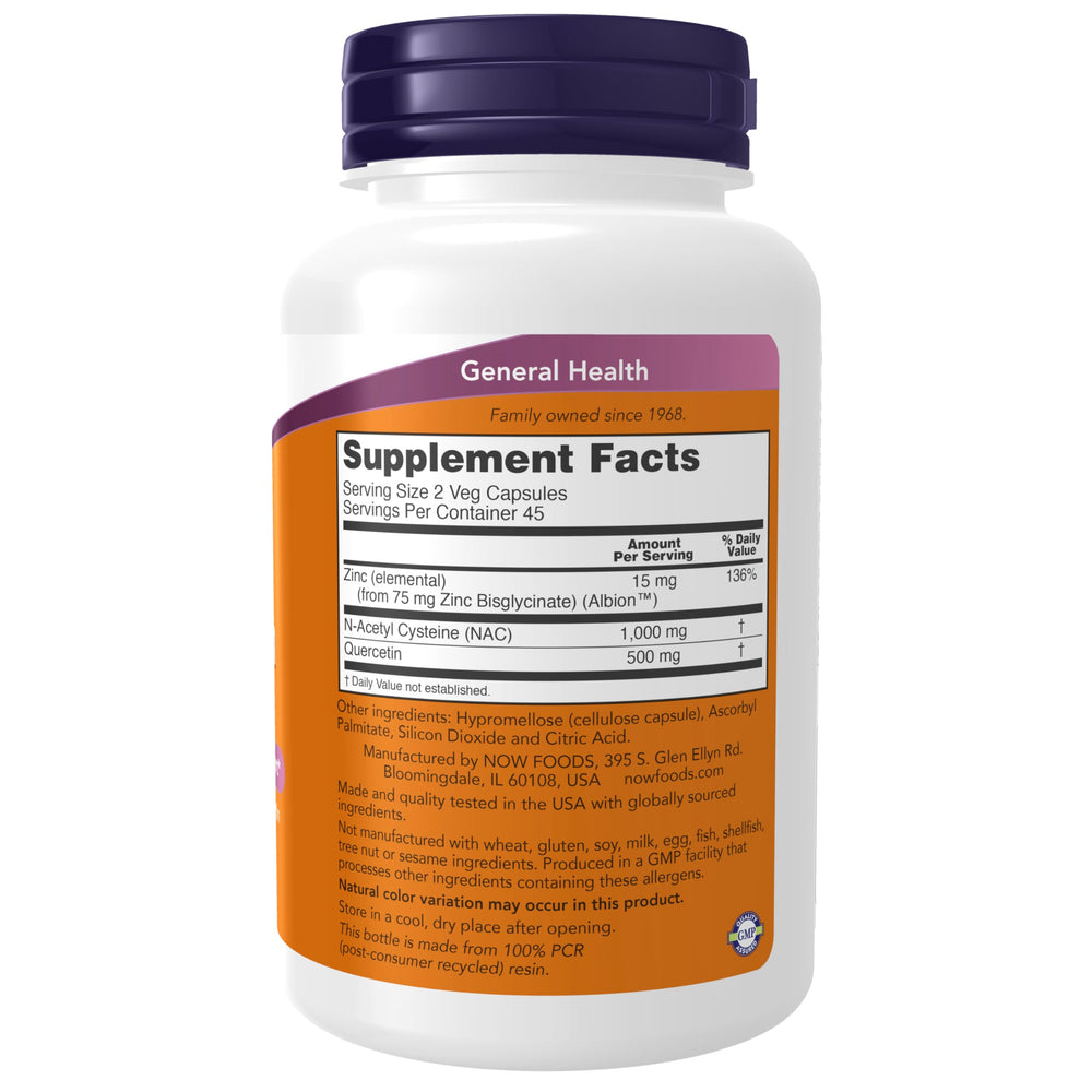 NOW Foods NAC Quercetin Zinc capsules close-up showing capsule texture