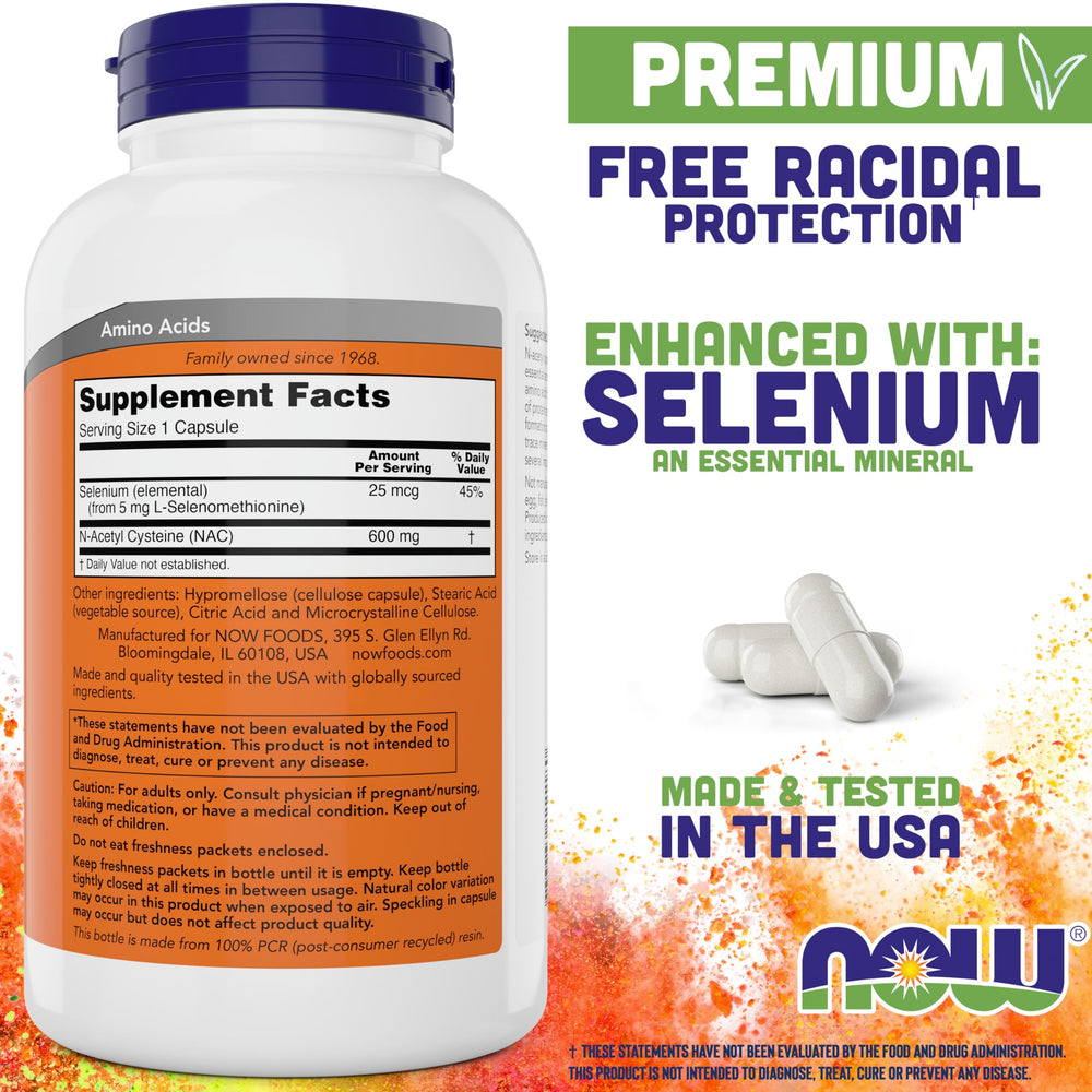 NOW Foods NAC with Selenium capsules emphasizing essential mineral support