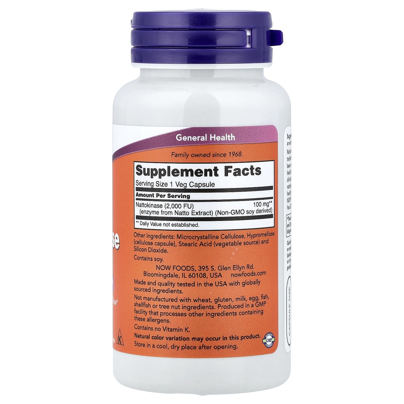 NOW Foods Nattokinase 100 mg VegiCaps bottle back is a vegetarian capsule option for daily supplementation.