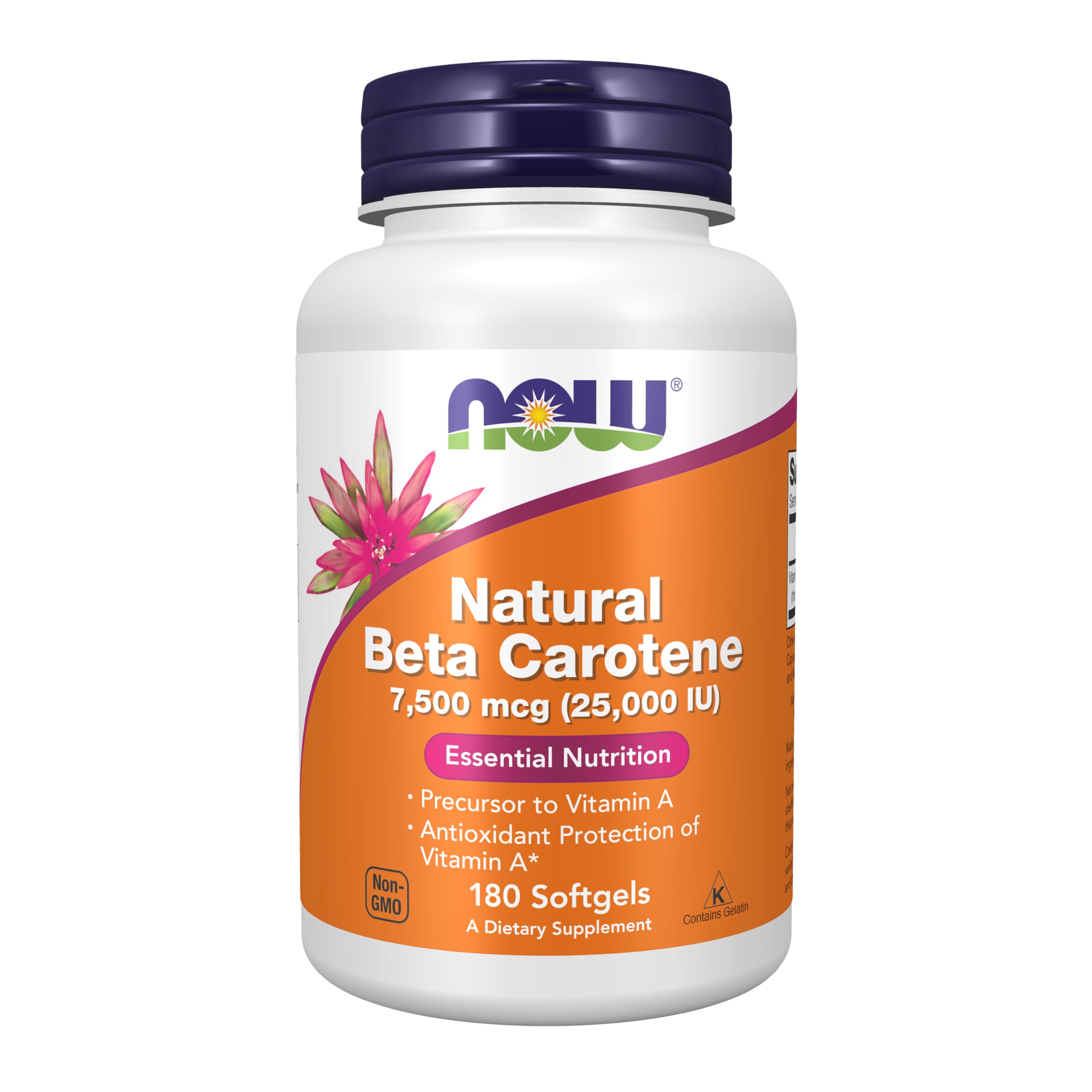 NOW Foods beta carotene softgel bottle front view for daily essential nutrition