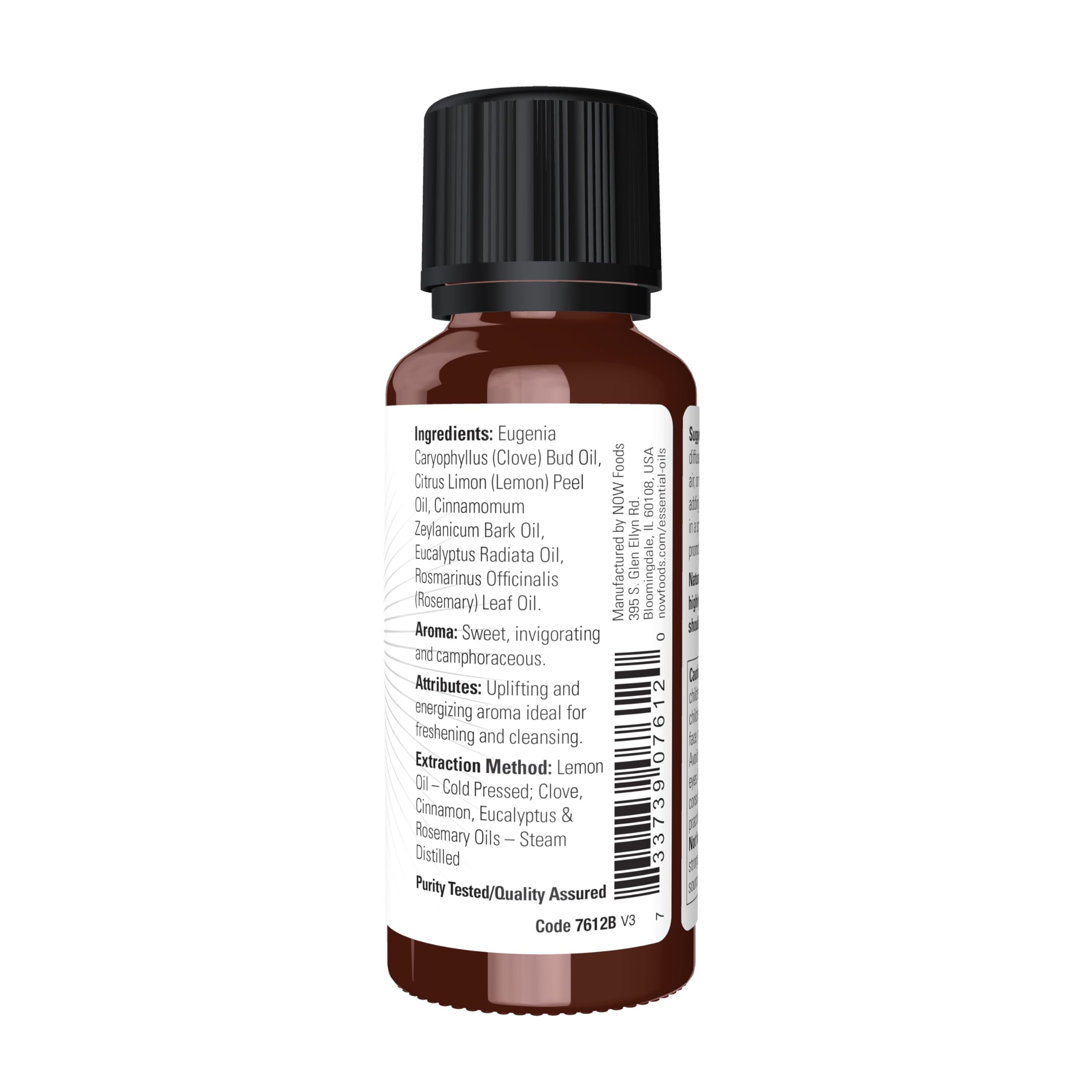 NOW Foods Nature's Shield ingredients label showing lemon, clove, cinnamon, rosemary
