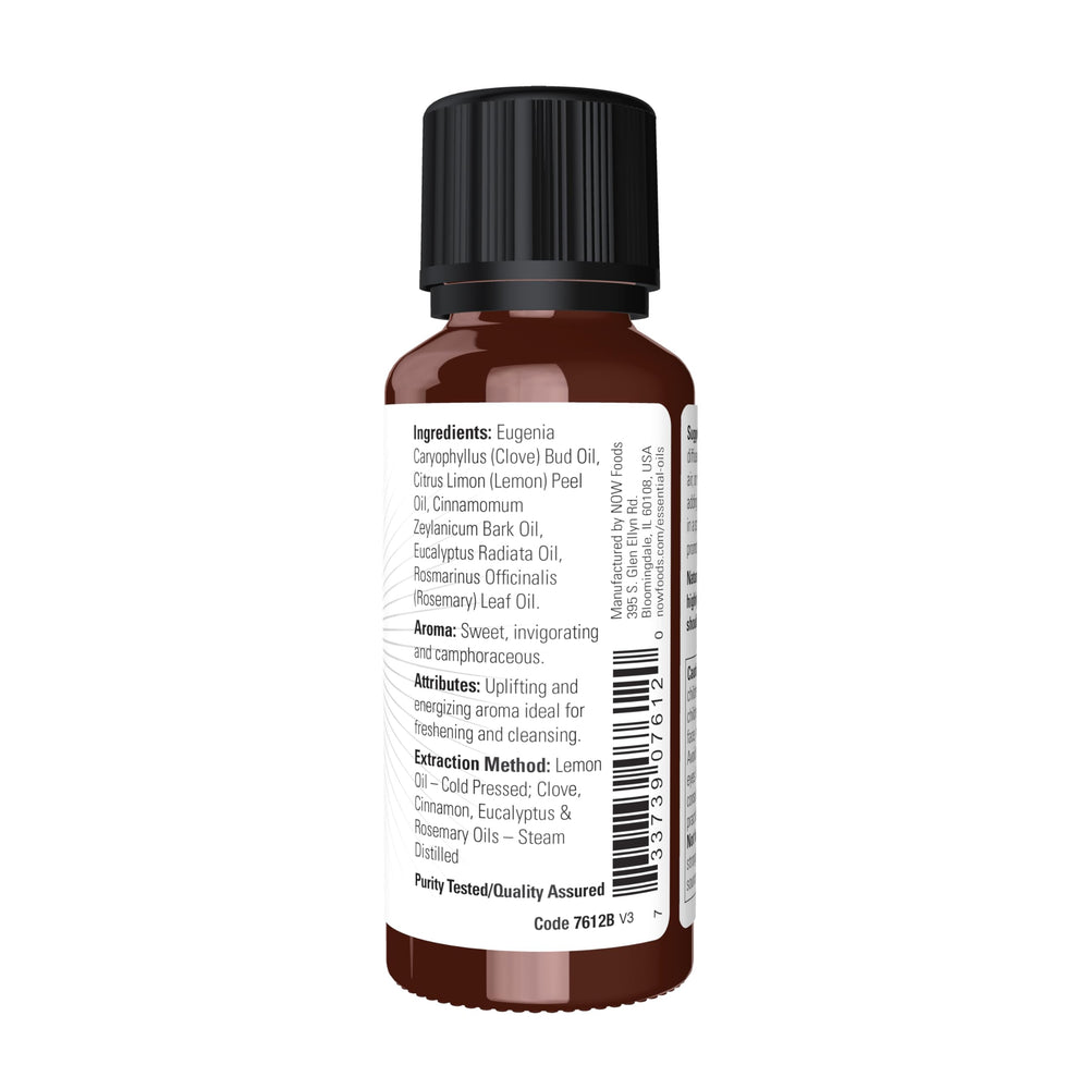 NOW Foods Nature's Shield ingredients label showing lemon, clove, cinnamon, rosemary