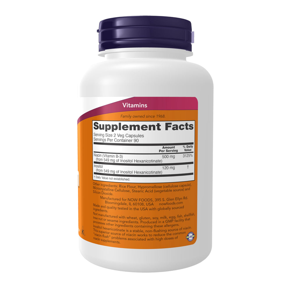 NOW Foods Niacin 250 mg bottle pouring capsules for easy dosing.