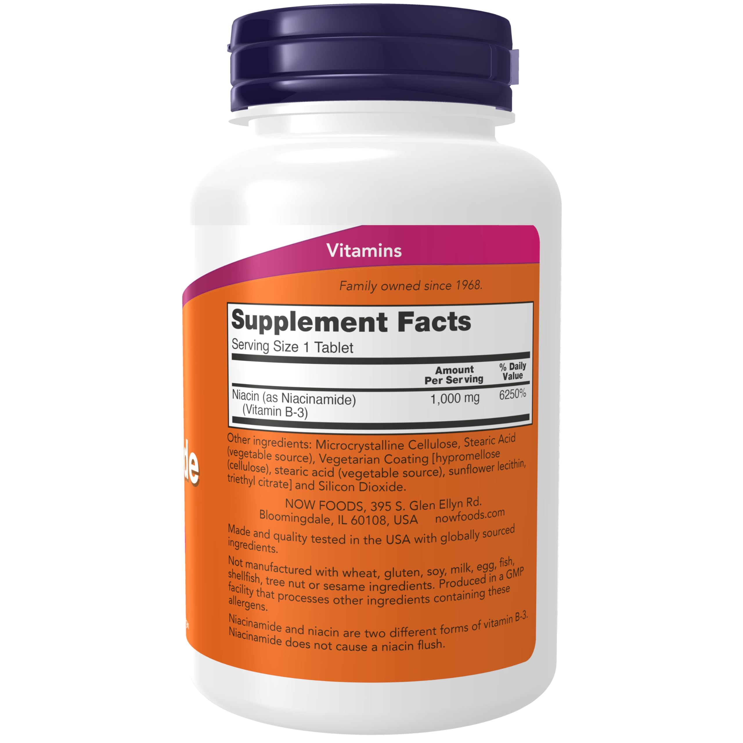 NOW Foods Niacinamide 1000 mg label highlights vegan and non-GMO credentials.