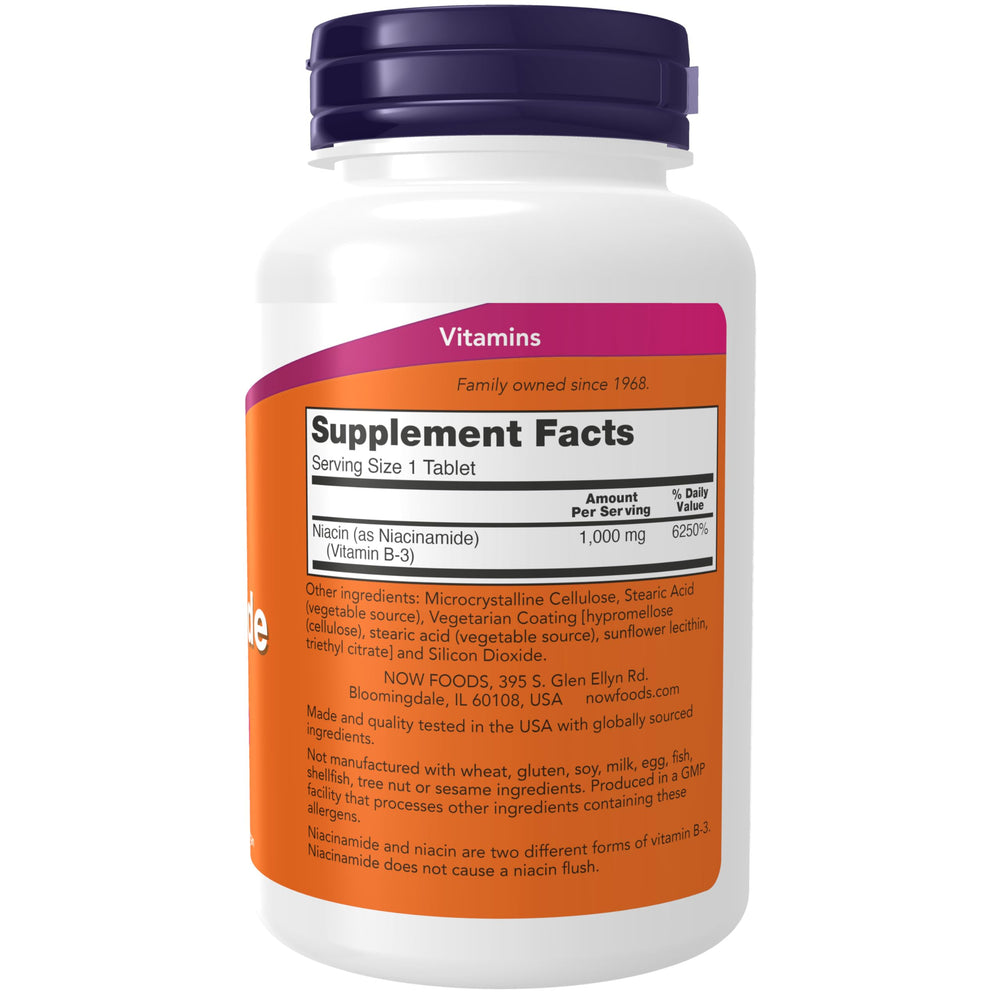 NOW Foods Niacinamide 1000 mg label highlights vegan and non-GMO credentials.