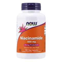 NOW Foods Niacinamide 500mg bottle front showcasing reliable B-3 support.