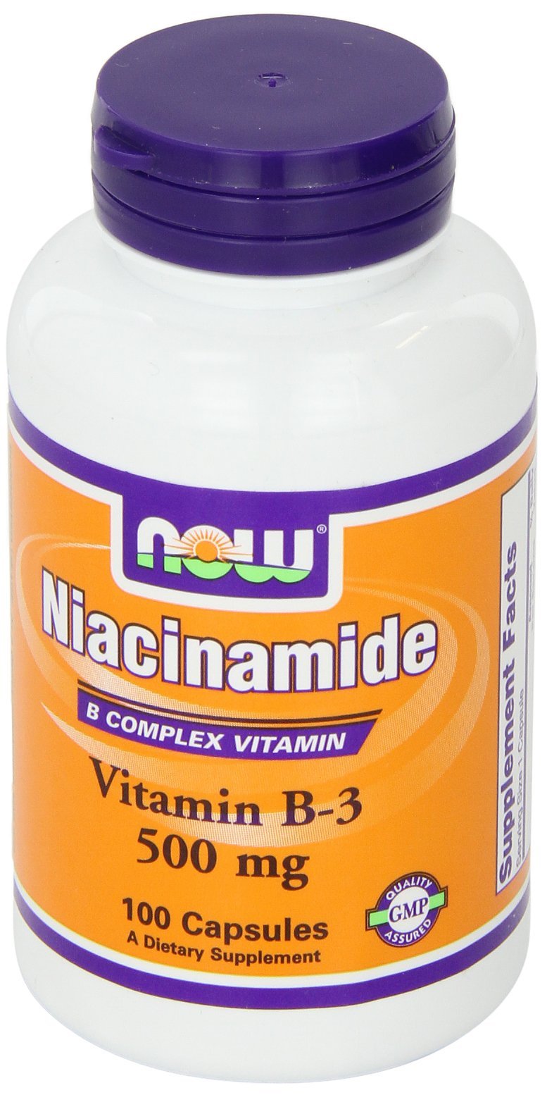 NOW Foods Niacinamide capsules and bottle on a clean countertop for daily vitamin B-3 routines