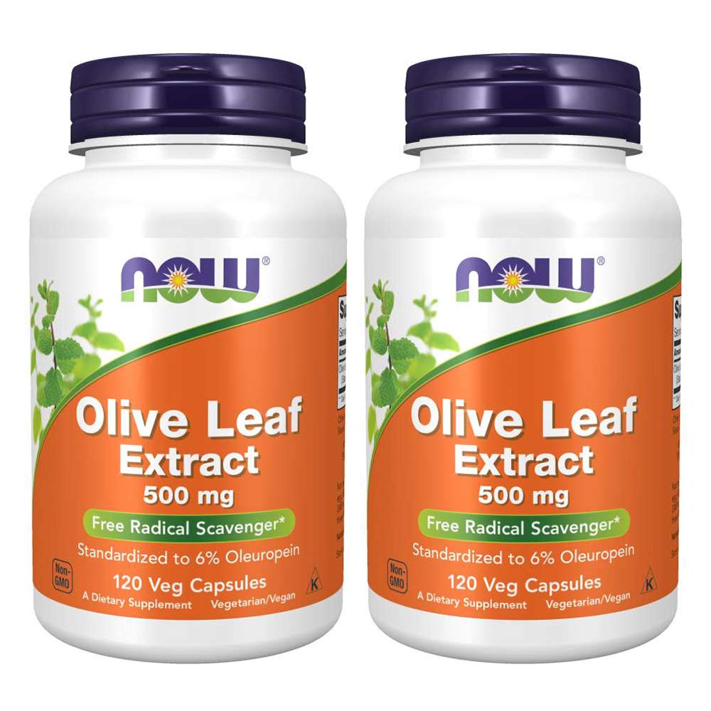 NOW Foods Olive Leaf Extract 500mg bottle displayed for daily wellness.