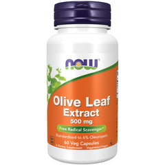 NOW Foods Olive Leaf Extract 500 mg bottle shows standardized oleuropein potency for daily use