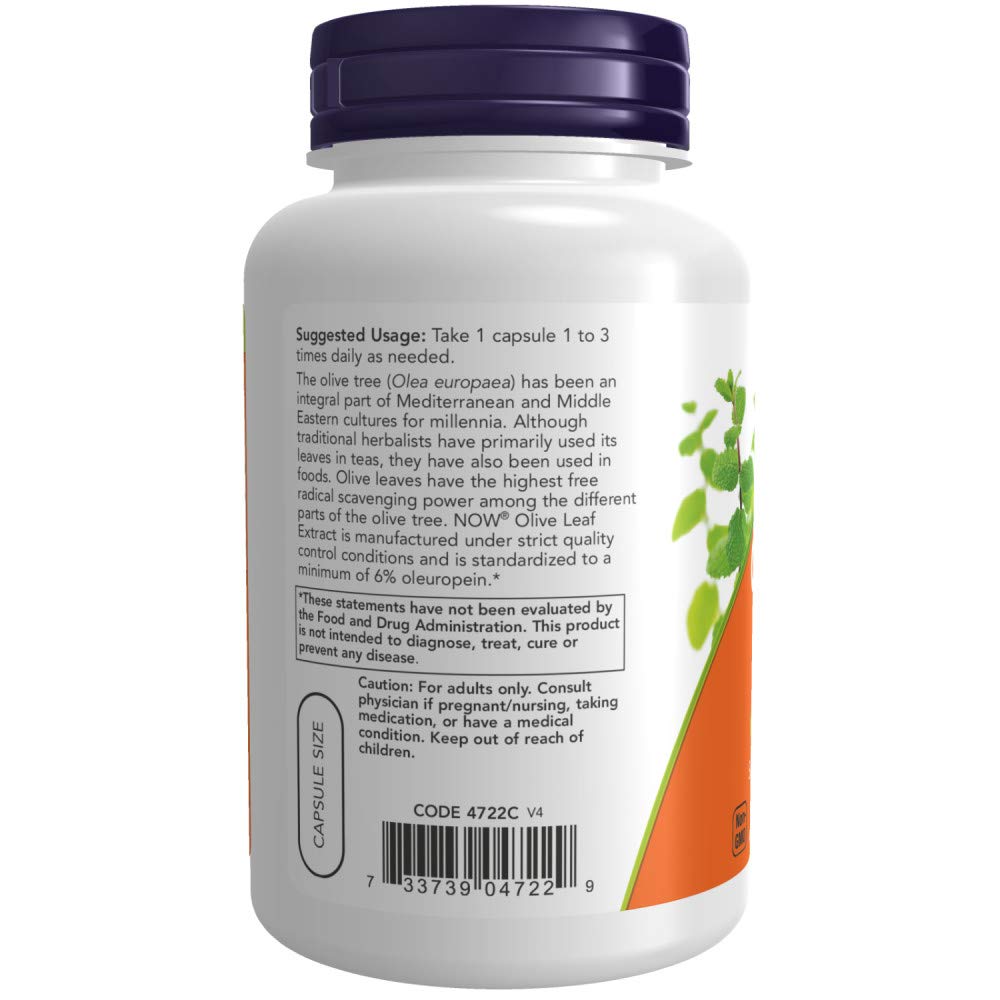 NOW Foods Olive Leaf Extract label close-up showing 6% oleuropein.