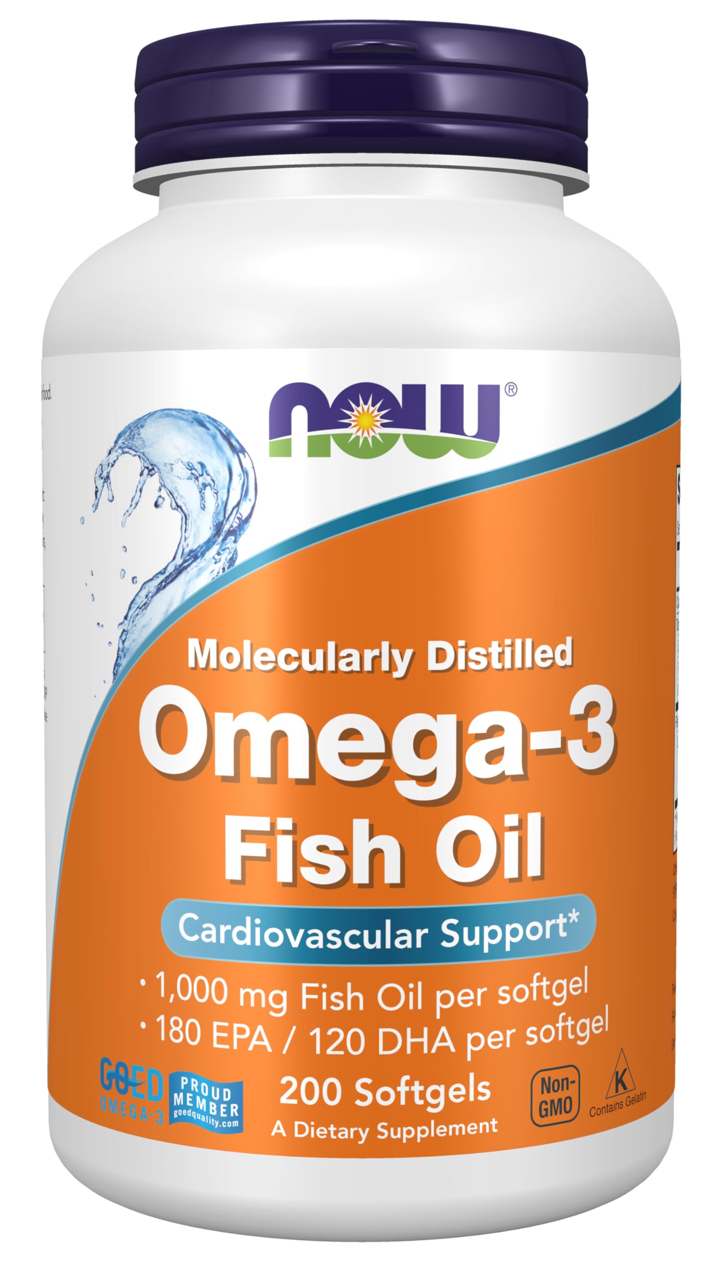 NOW Foods Omega-3 bottle shows 180 EPA/120 DHA per softgel for daily heart health support