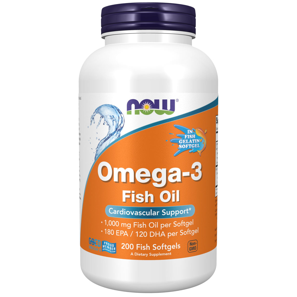 NOW Foods Omega-3 bottle with softgels for cardiovascular support and daily wellness.