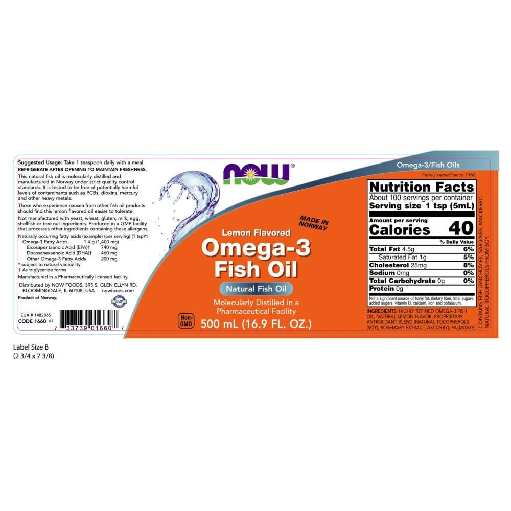 NOW Foods Omega-3 lemon liquid being poured for convenient use