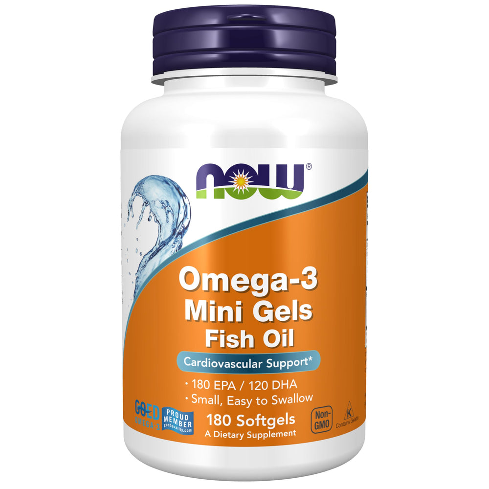 NOW Foods Omega-3 Mini Gels bottle front; may support heart health.