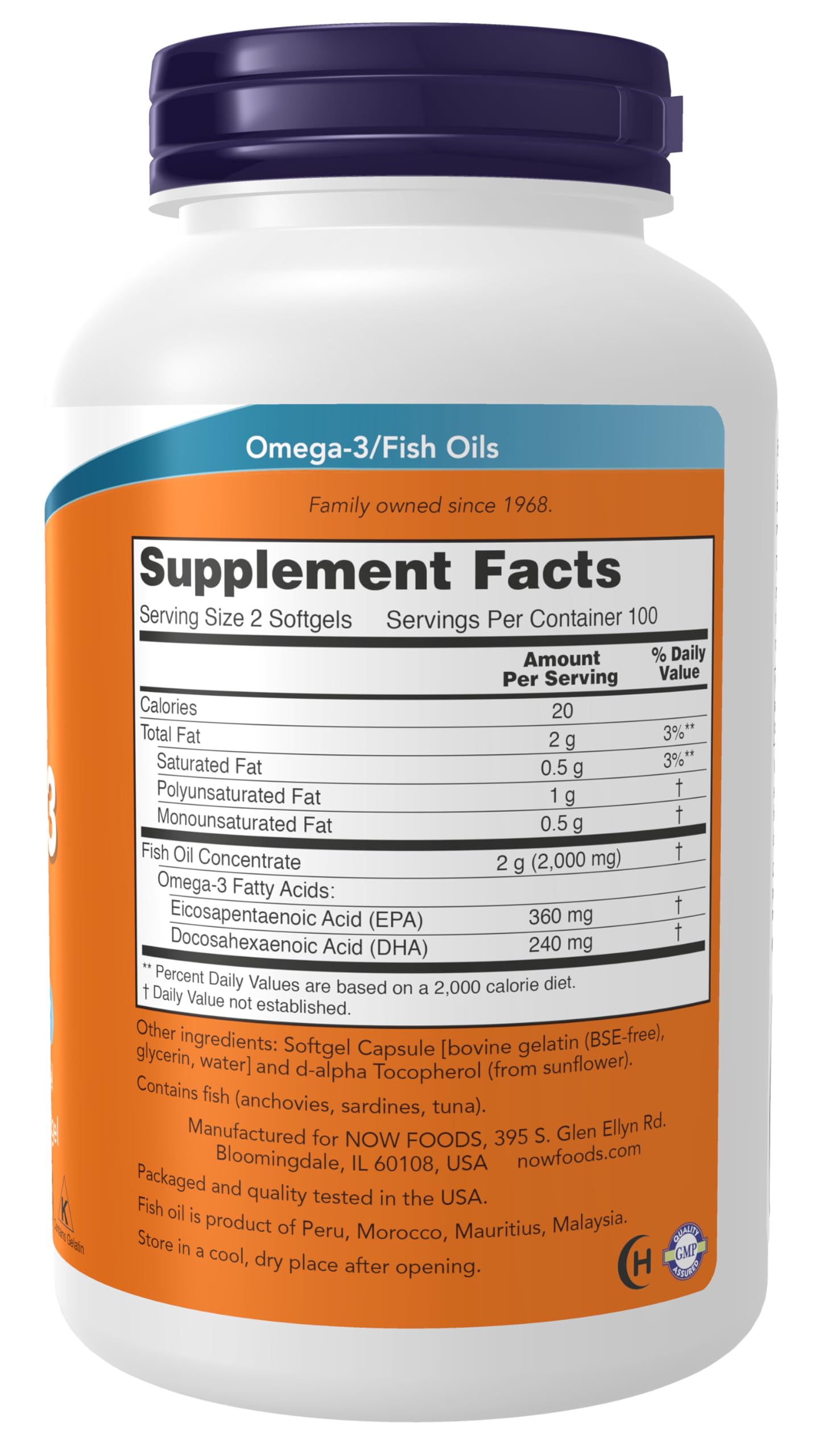 NOW Foods Omega-3 softgels closeup highlighting convenient daily dosage for use