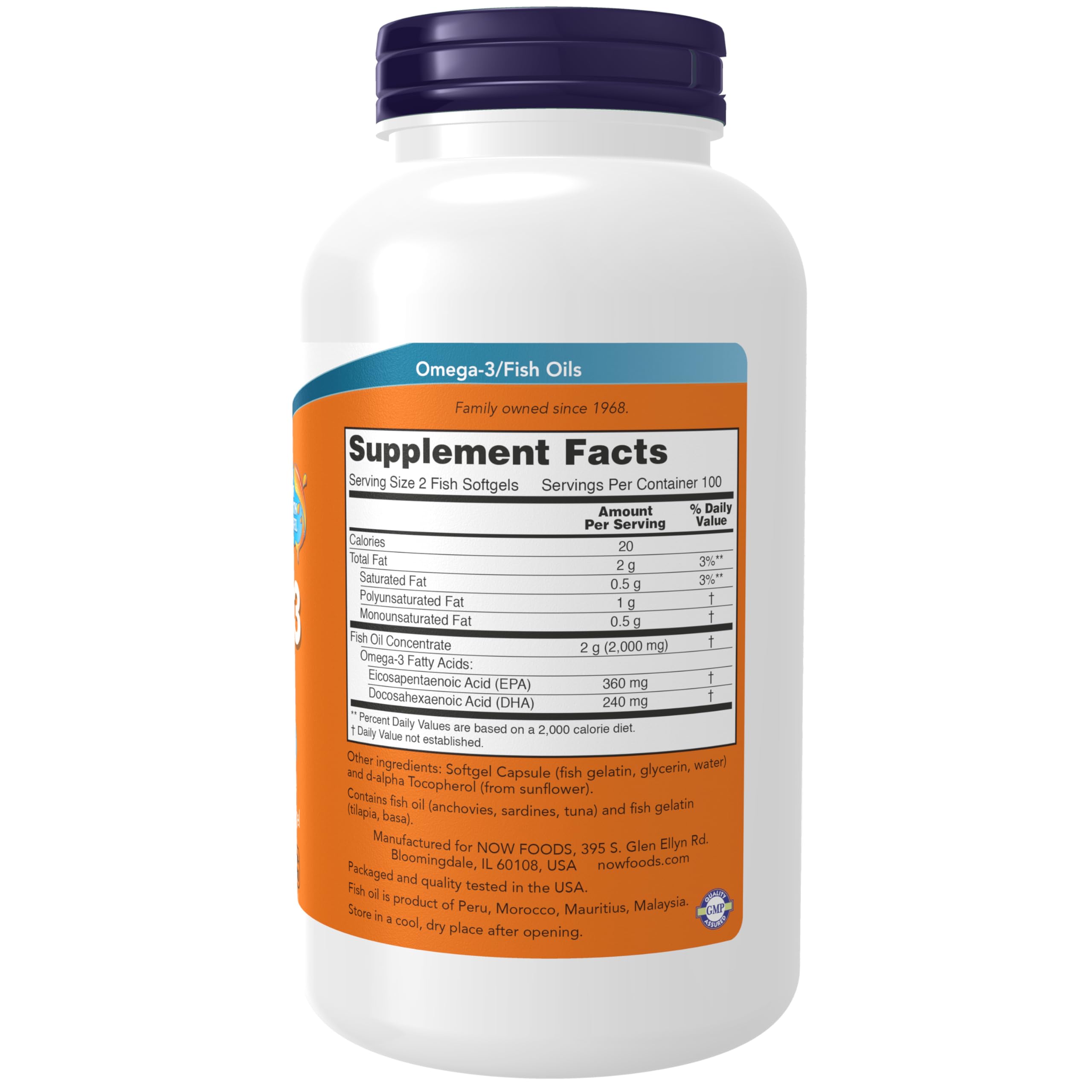 NOW Foods Omega-3 softgels inside a clear bottle for easy dosing.