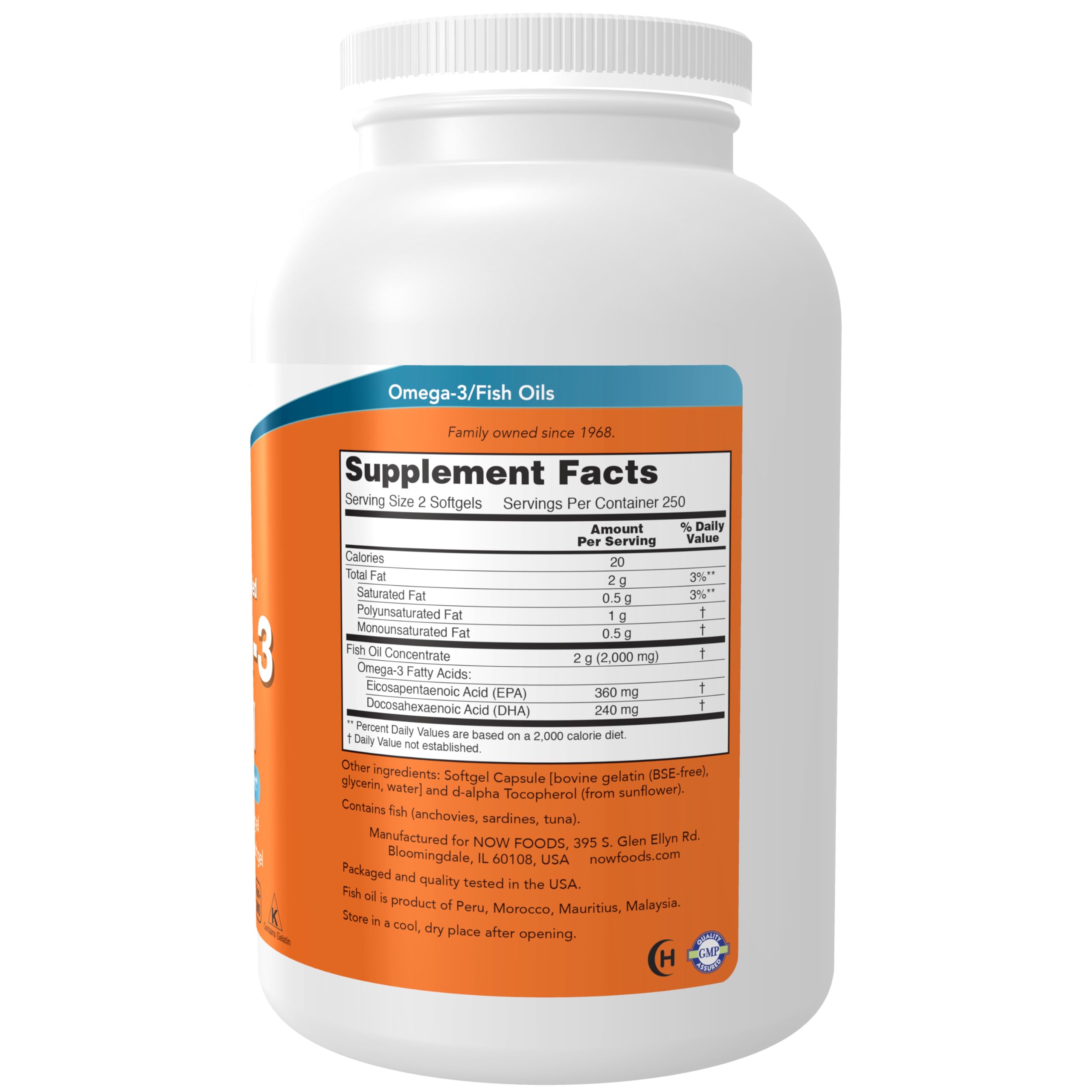 NOW Foods Omega-3 softgels being poured for convenient daily dosage