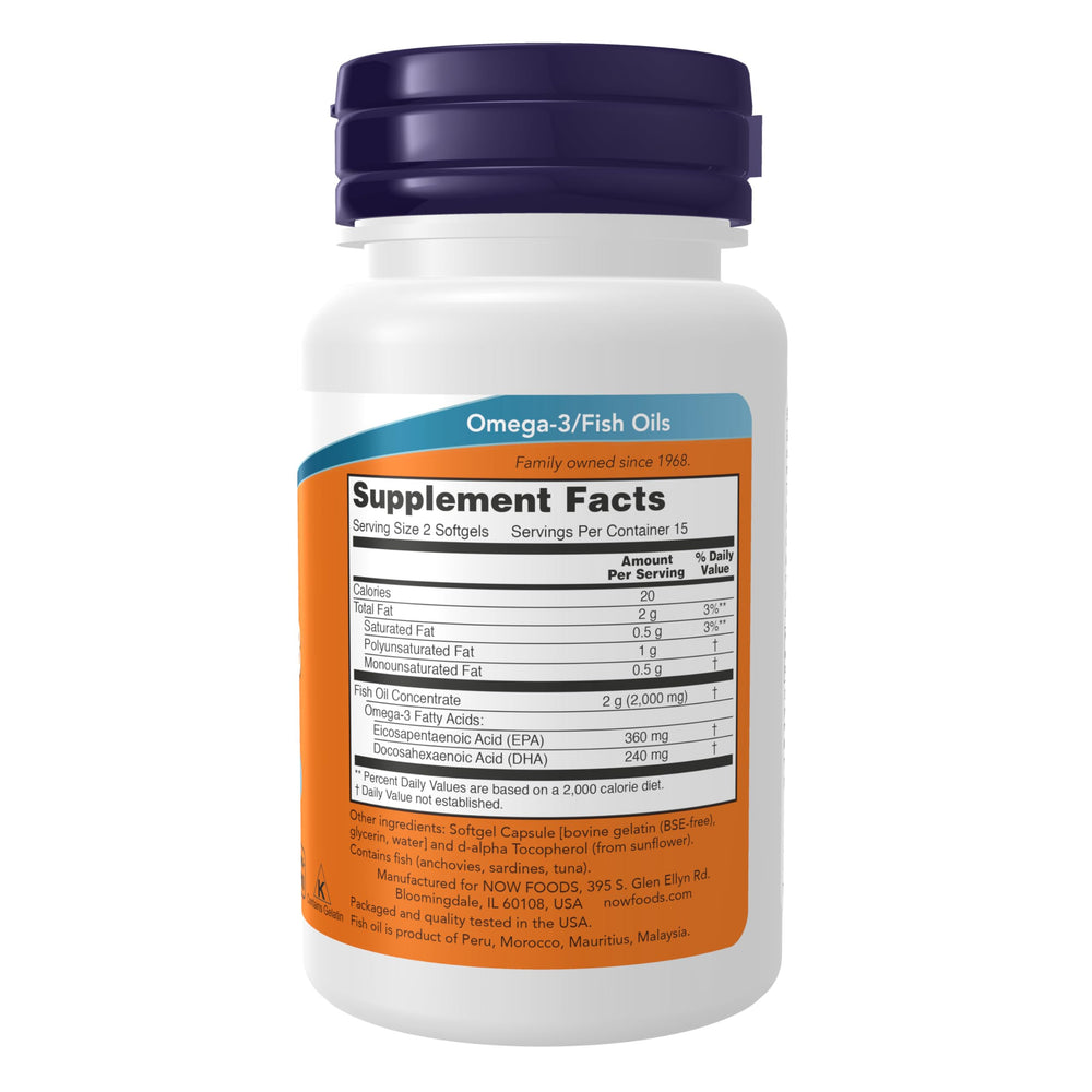 NOW Foods Omega-3 softgel capsules closeup for easy swallowing and daily use