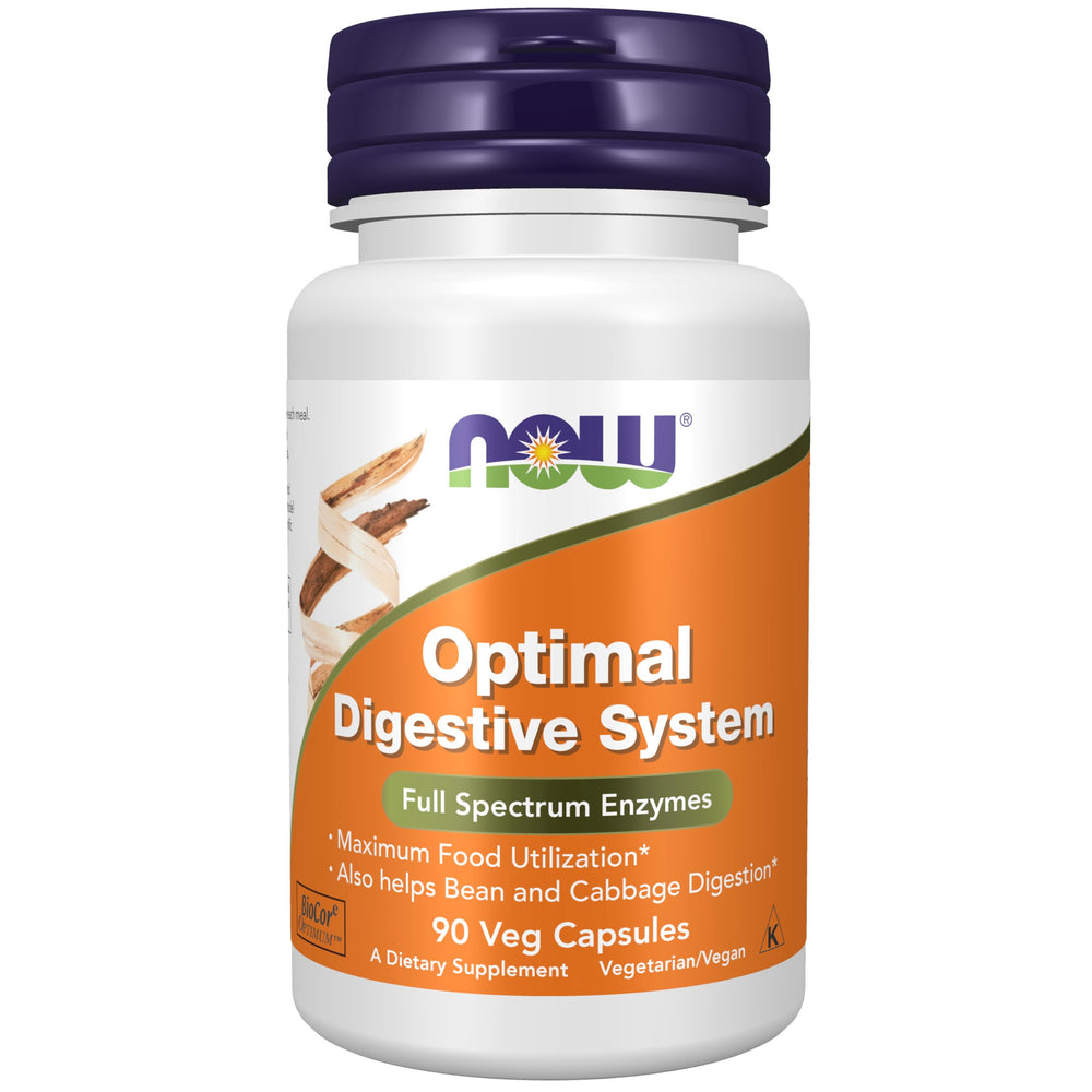 NOW Foods Optimal Digestive System bottle label with vegan full-spectrum enzymes