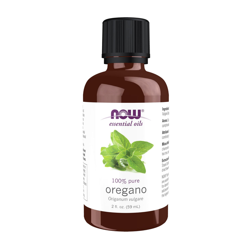 NOW Foods oregano oil bottle showcasing pure essential oil for aromatherapy use