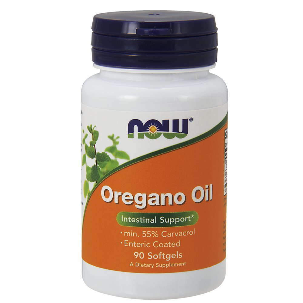 NOW Foods oregano oil enteric coated softgels bottle front label for intestinal support
