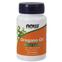 NOW Foods oregano oil enteric coated softgels bottle front label for intestinal support