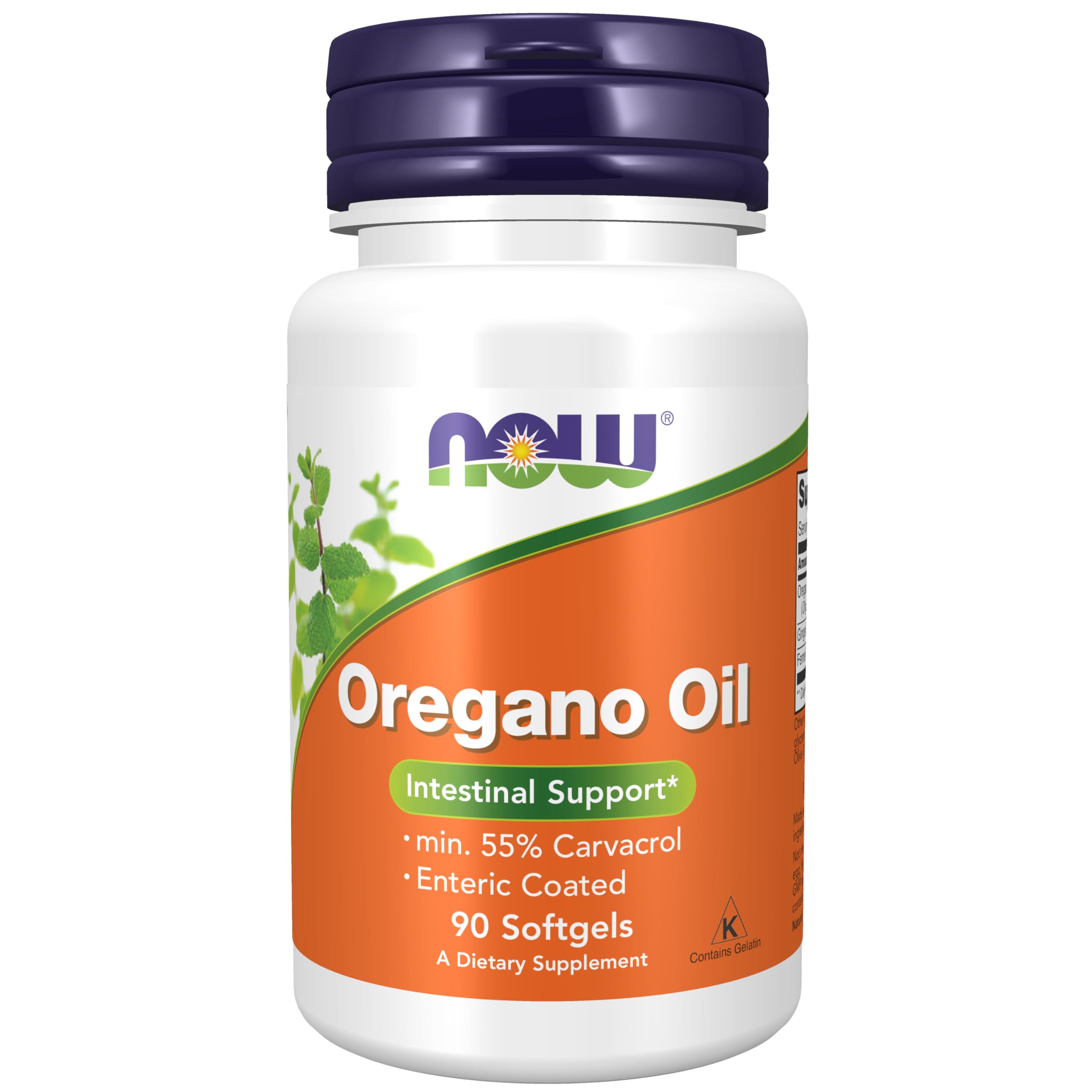 NOW Foods oregano oil softgels enteric-coated bottle for targeted intestinal delivery.