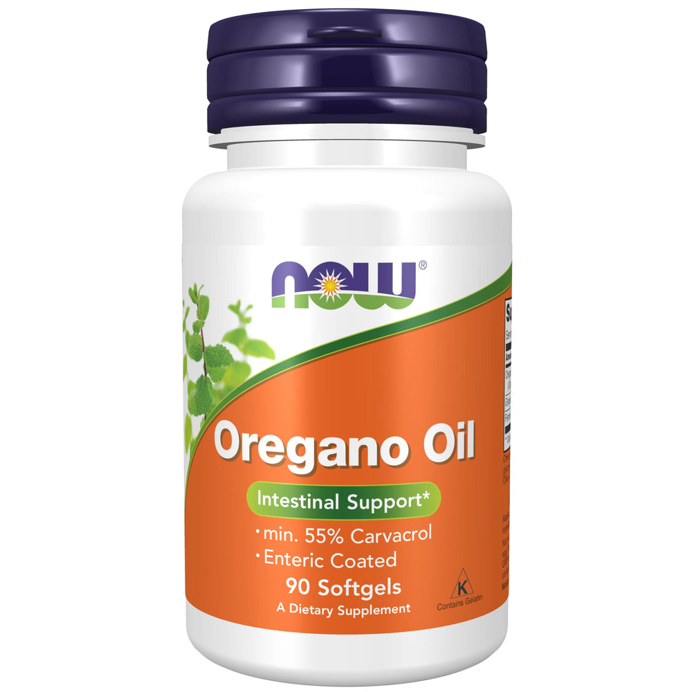 NOW Foods oregano oil softgels enteric-coated bottle for targeted intestinal delivery.