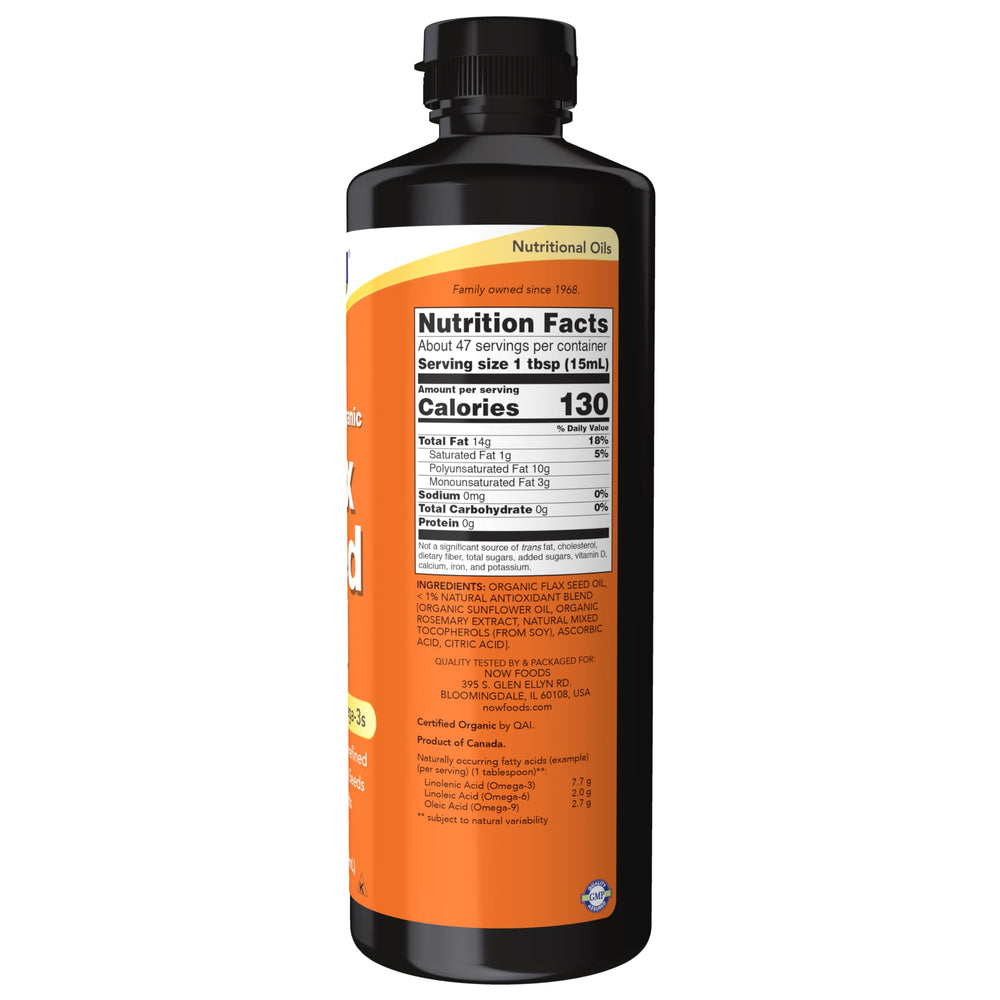 NOW Foods organic flax seed oil label demonstrates organic, non-GMO vegan certifications.