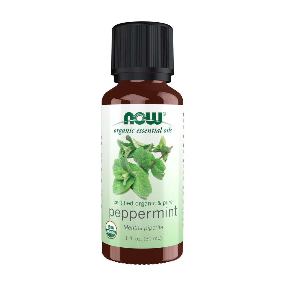NOW Foods Organic Peppermint Oil bottle front showing invigorating aroma for aromatherapy