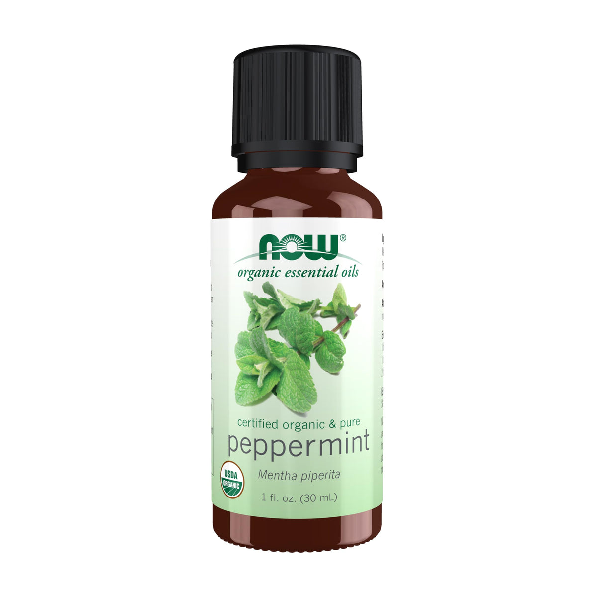 NOW Foods Organic Peppermint Oil bottle front showing invigorating aroma for aromatherapy