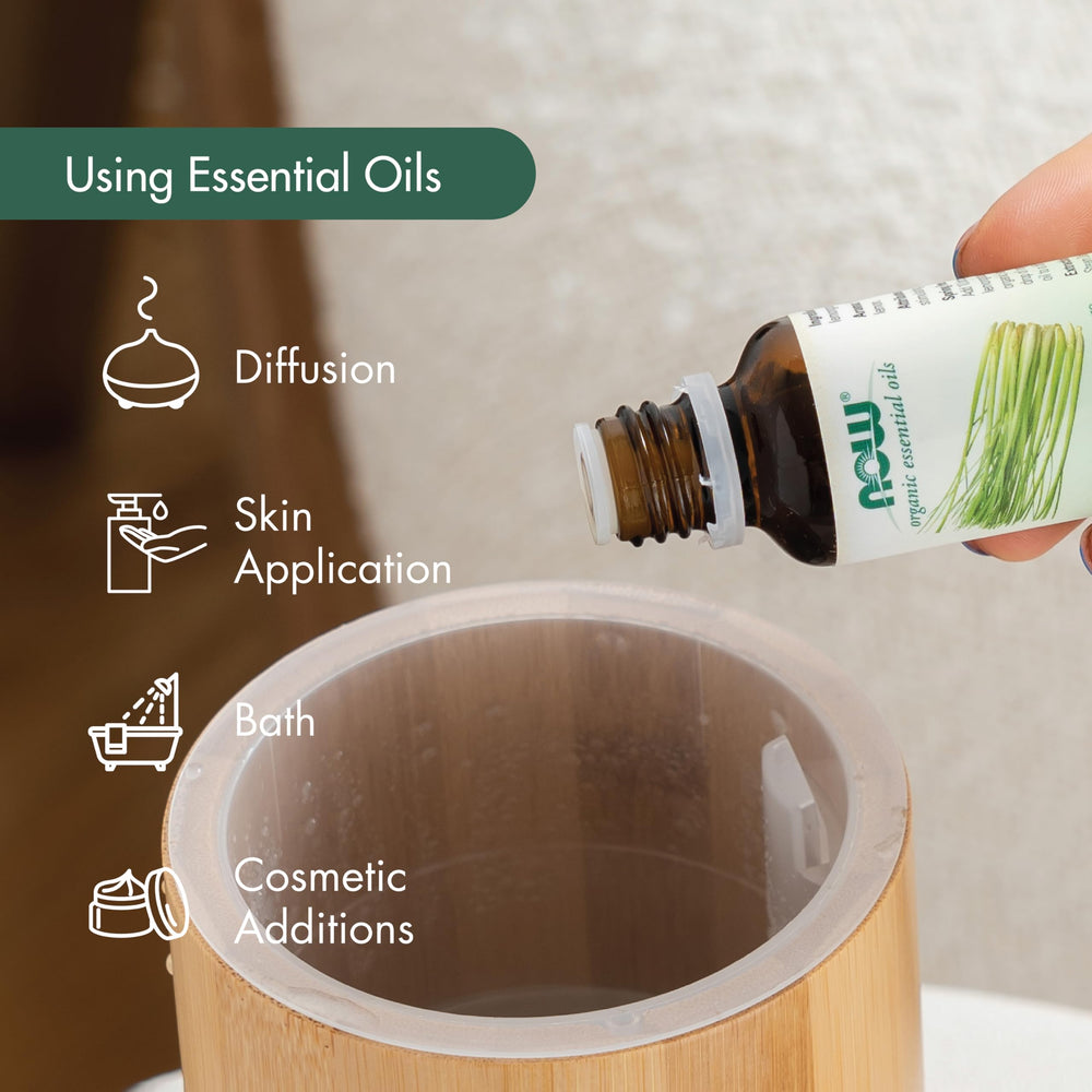 NOW Foods peppermint oil dropper image emphasizing pure, concentrated essential oil for diffusers