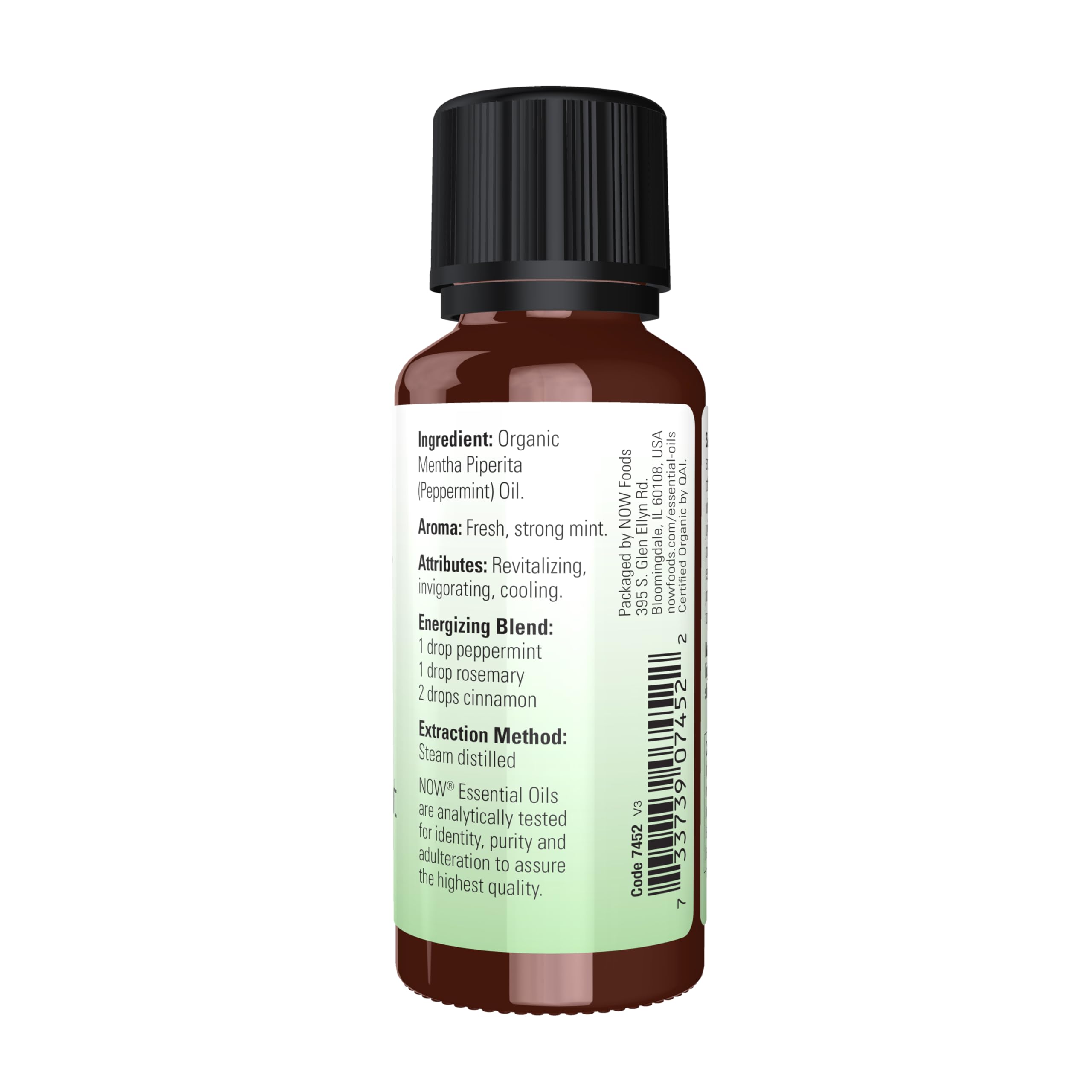 NOW Foods peppermint oil label highlights steam-distilled purity for refreshing scents