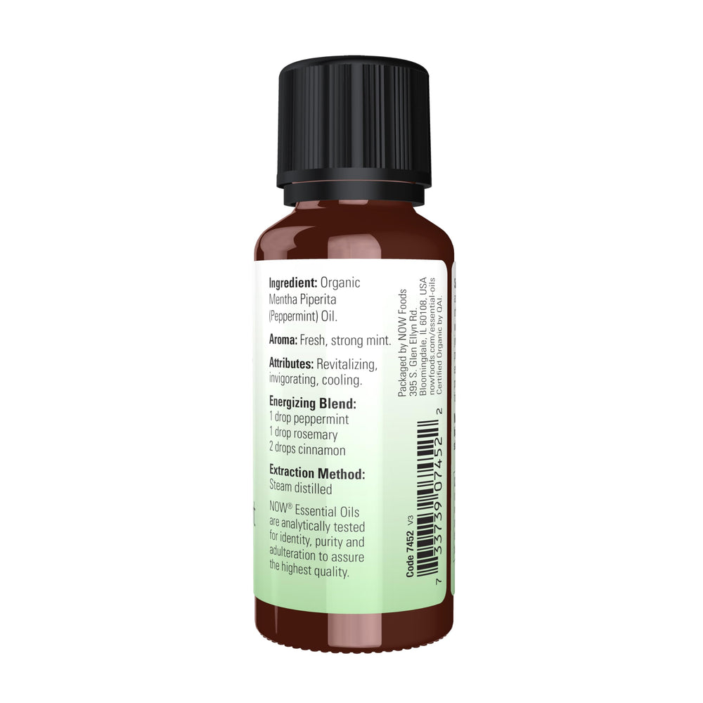 NOW Foods peppermint oil label highlights steam-distilled purity for refreshing scents