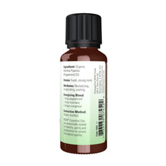NOW Foods peppermint oil label highlights steam-distilled purity for refreshing scents