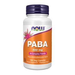 NOW Foods PABA 500 mg bottle displayed for daily use in the kitchen.