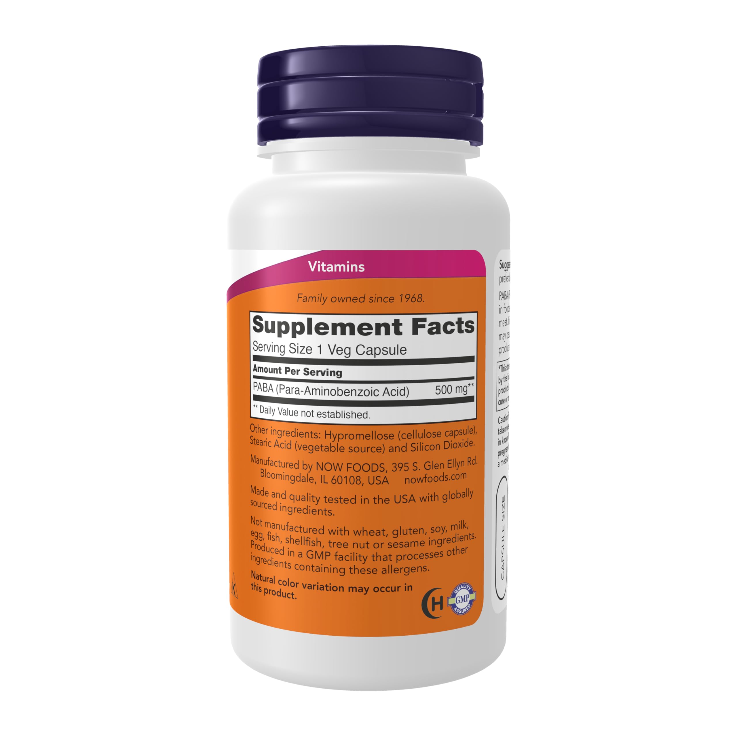 Close-up of NOW Foods PABA capsules highlighting texture for daily intake.