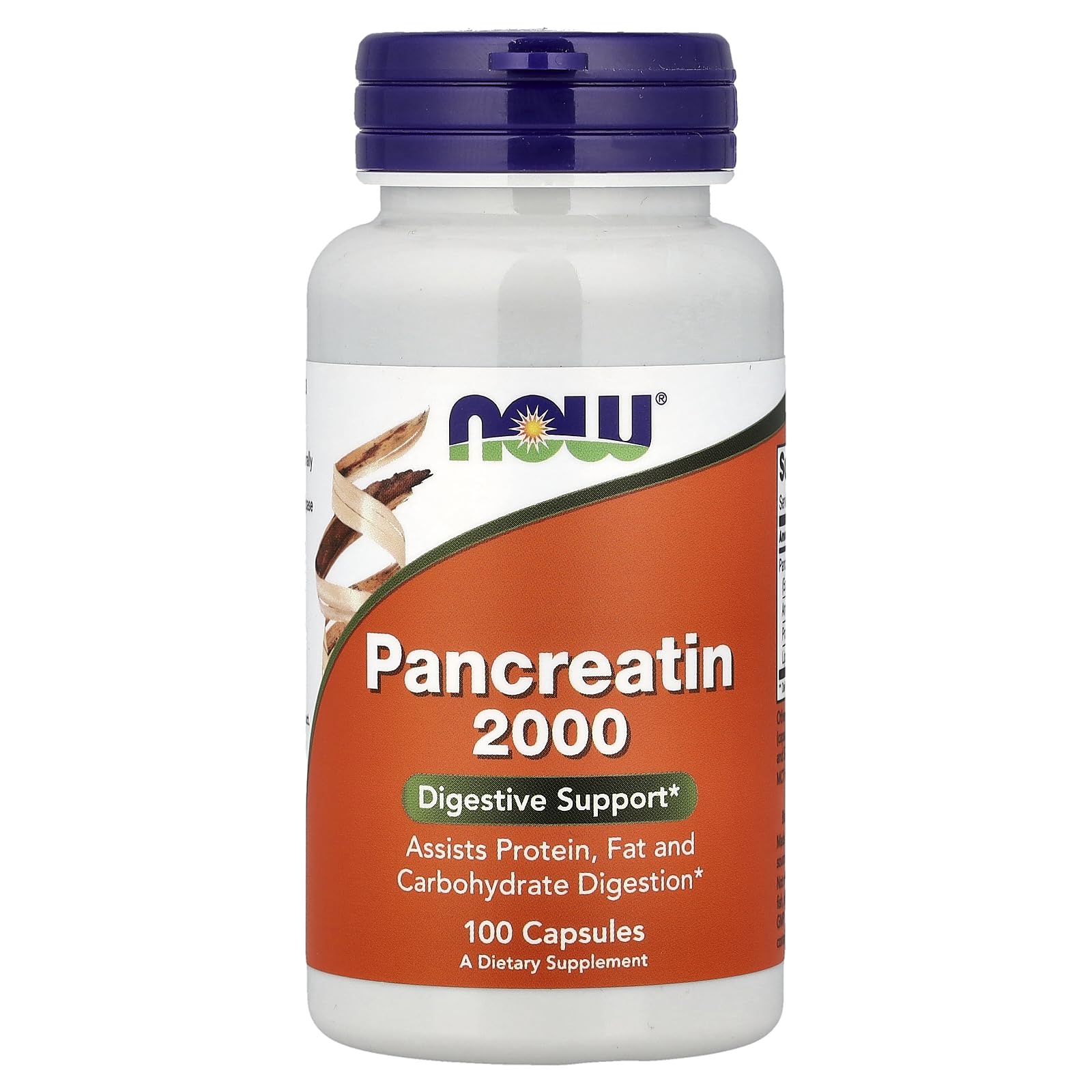 NOW Foods Pancreatin 2000mg cápsulas, frasco; apoyo digestivo tras comidas grasas.