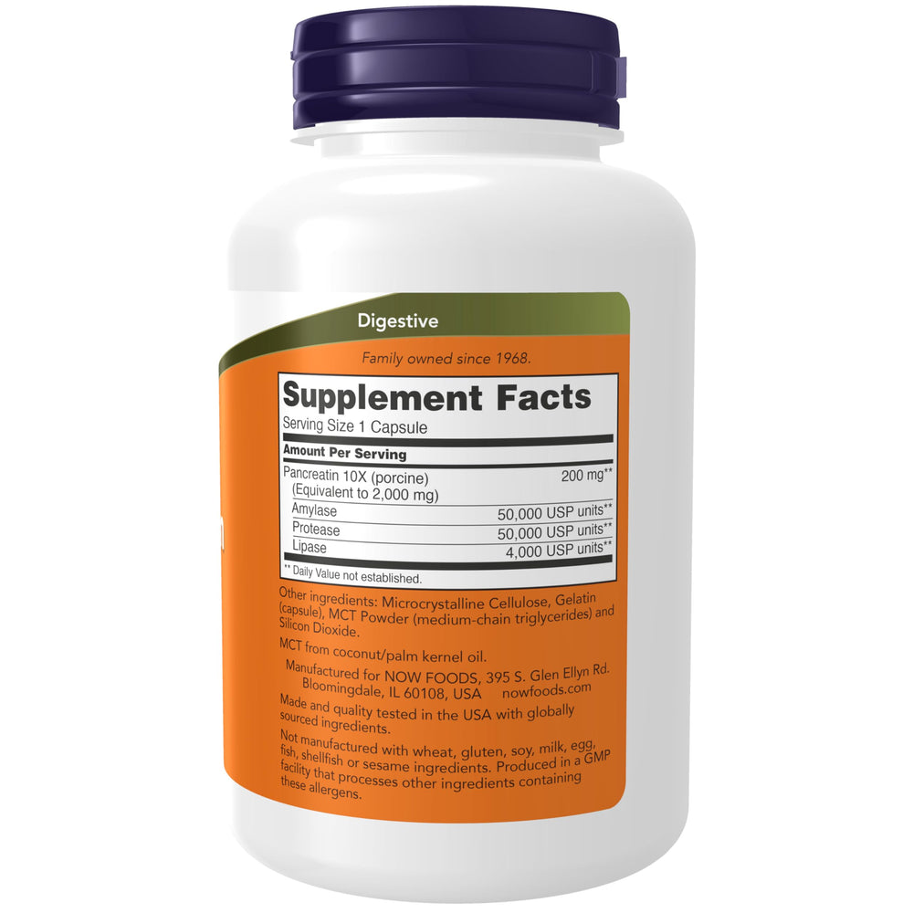 NOW Foods Pancreatin capsules pack ready for meal-time use