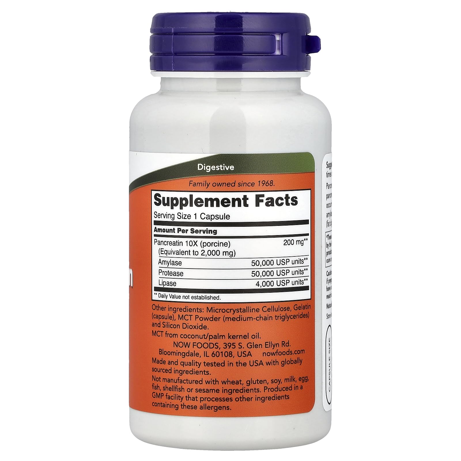 NOW Foods Pancreatin envase de 100 cápsulas para uso diario.