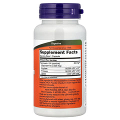 NOW Foods Pancreatin envase de 100 cápsulas para uso diario.