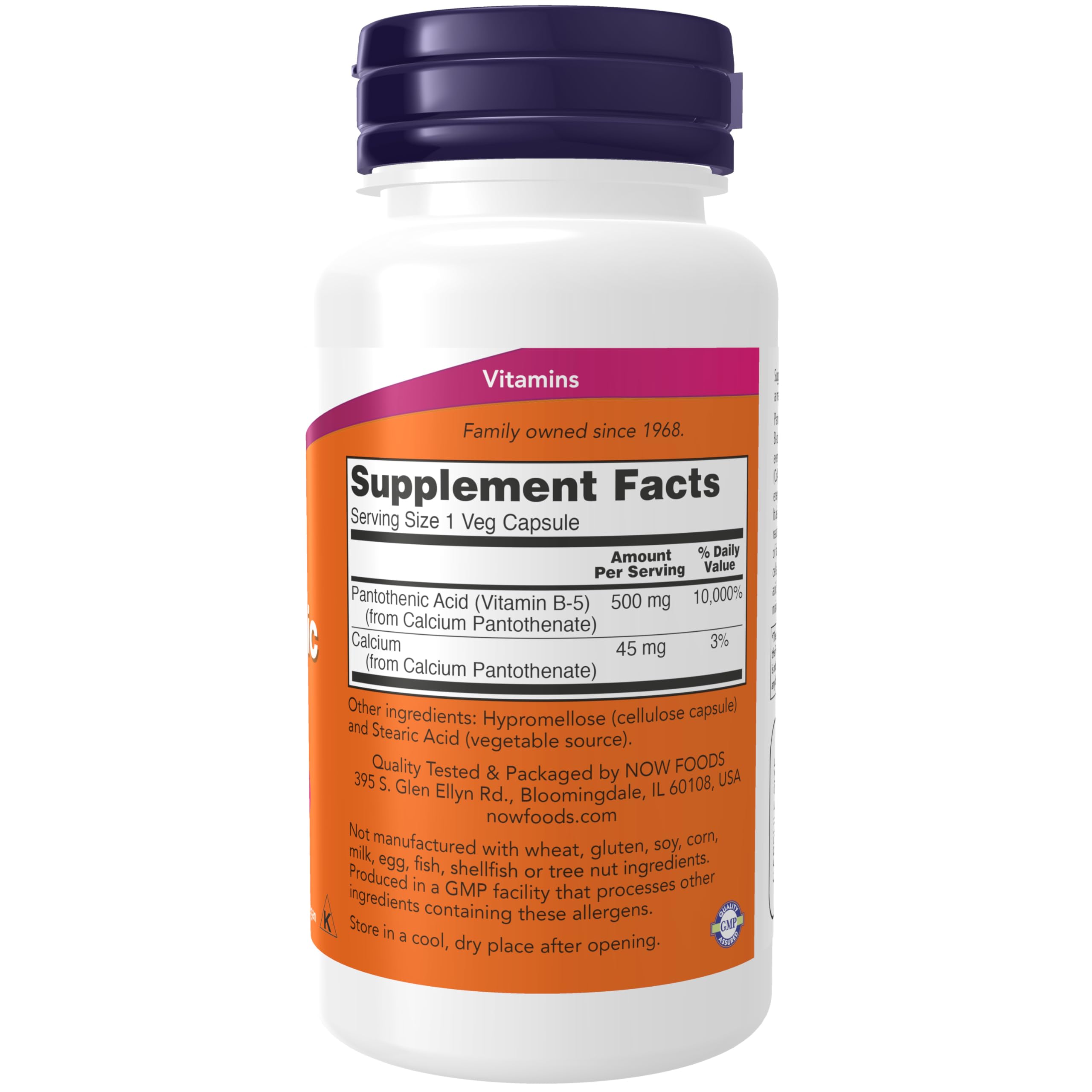 NOW Foods Pantothenic Acid 500 mg bottle back with label details for reliable daily intake