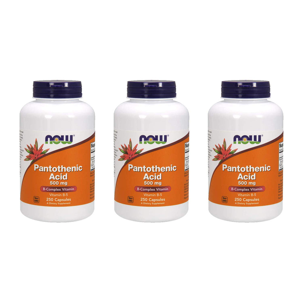 NOW Foods Pantothenic Acid 500 mg bottle with capsules; supports everyday energy metabolism.