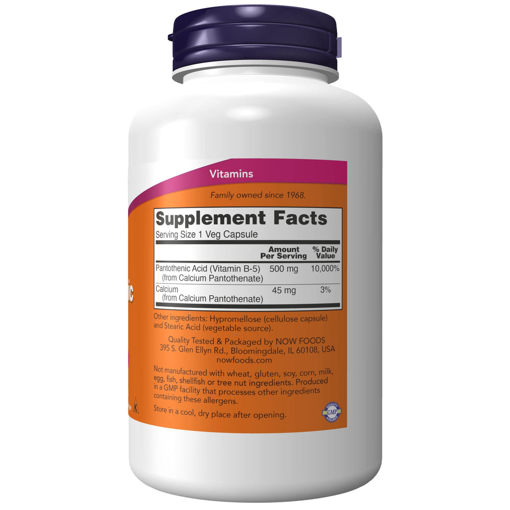 NOW Foods Pantothenic Acid capsules close-up shows dosage and form