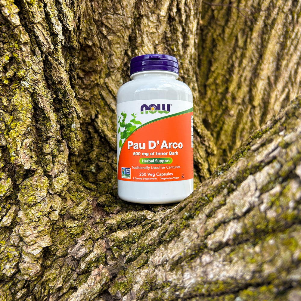 NOW Foods Pau D'Arco packaging box showing USA-made craftsmanship.