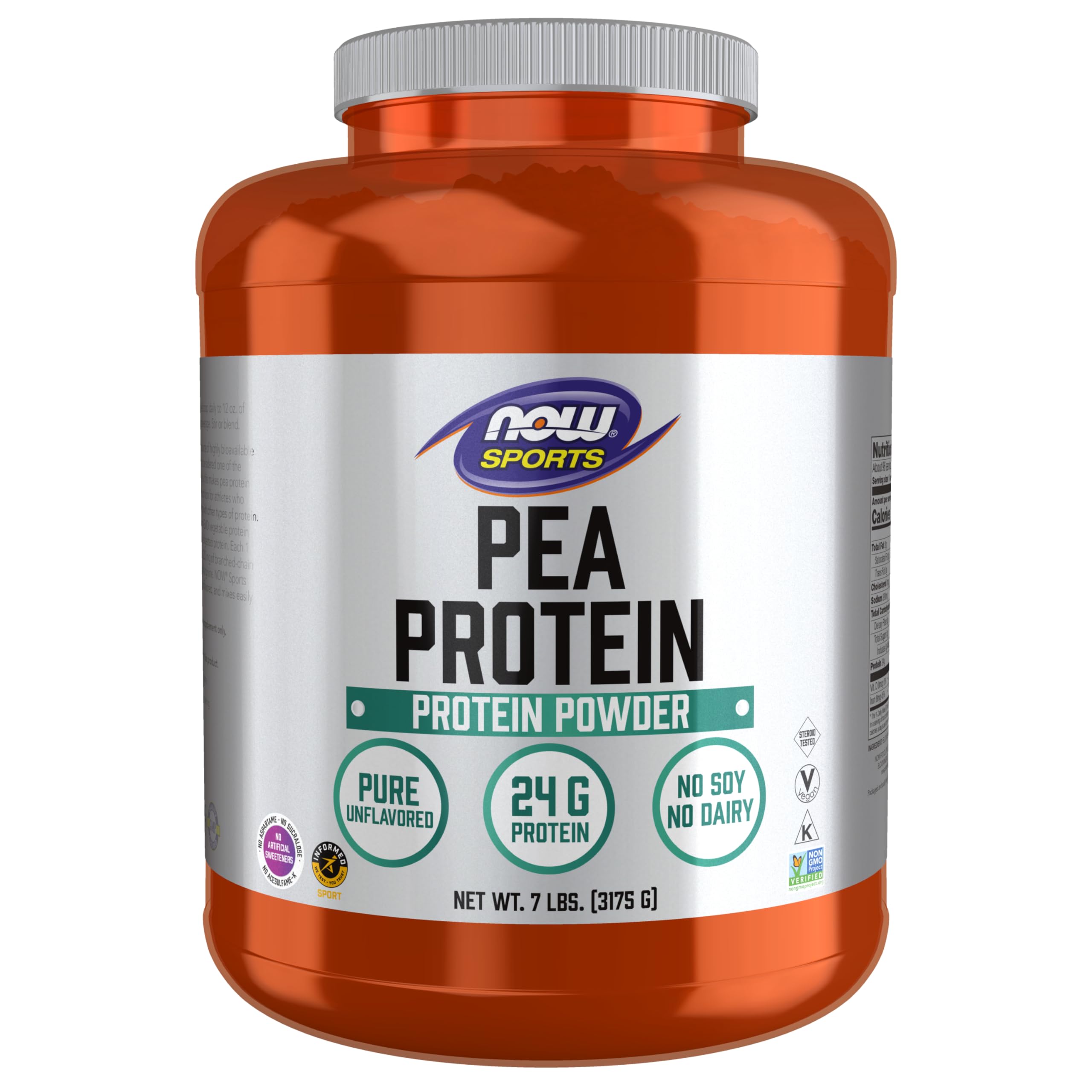 NOW Foods Pea Protein bottle shows unflavored powder for post-workout shakes.