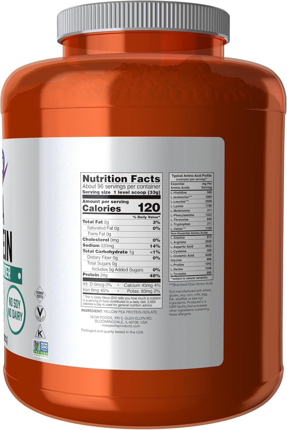 NOW Foods pea protein powder scoop; easy to mix into shakes for post-workout recovery.